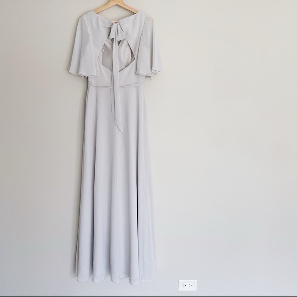 Marchesa Notte Bridesmaids Draped-Sleeve Rear-Cutout Gown Grey - Picture 14 of 16